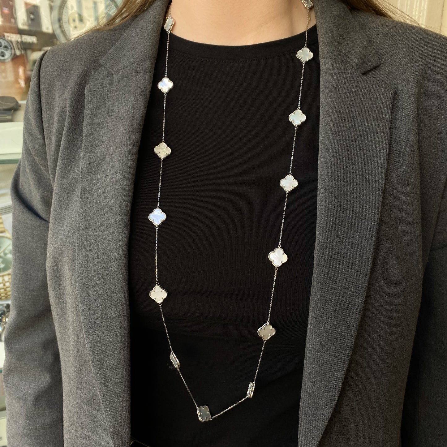 Silver Quatrefoil Long Necklace | Mother of Pearl - John Ross Jewellers