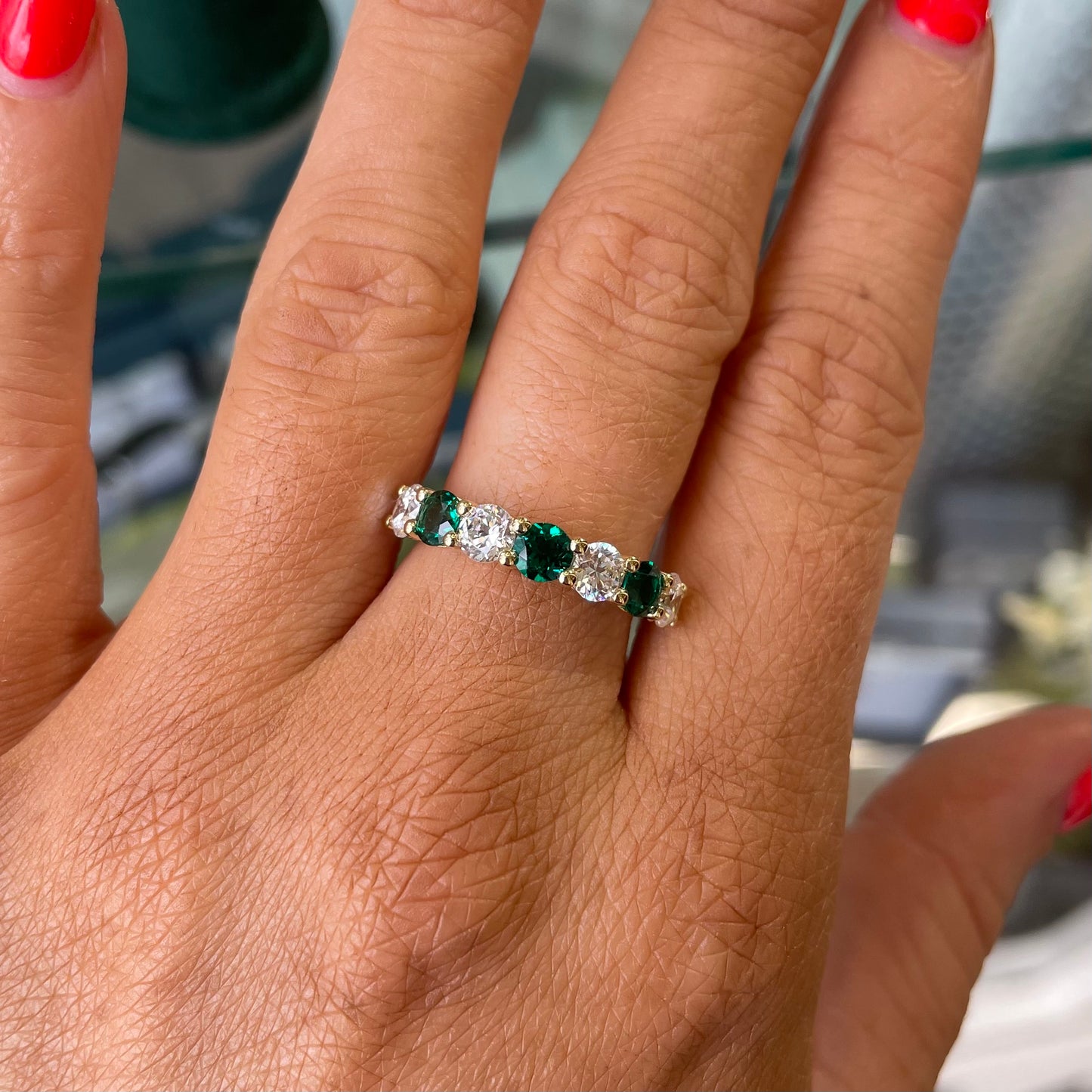 9ct Gold Green & White CZ Seven Stone Eternity Ring