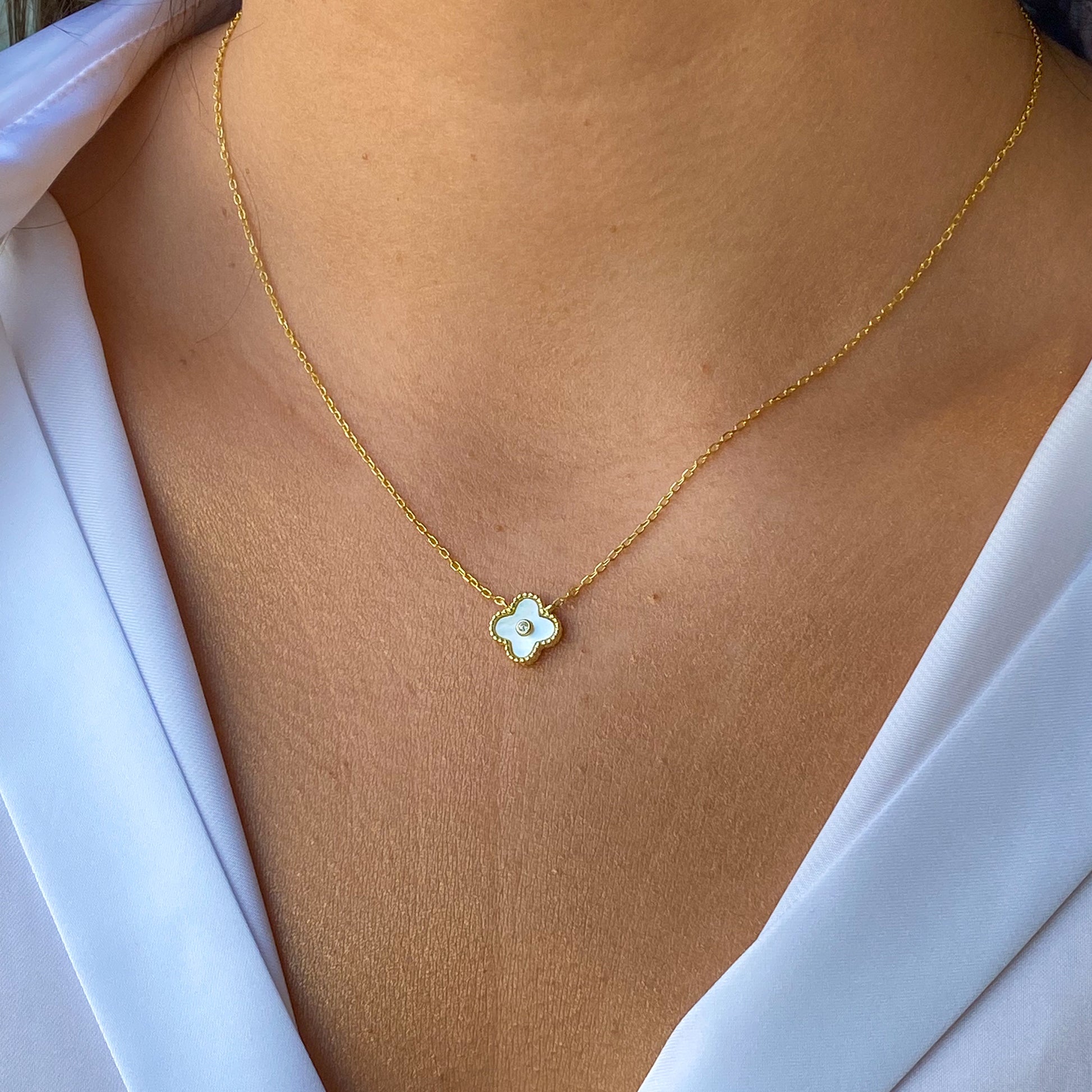 Sunshine Quatrefoil Pendant Necklace | Mother Of Pearl & CZ - John Ross Jewellers