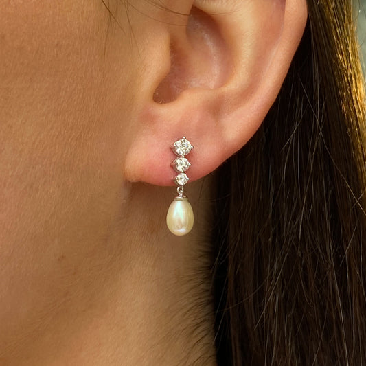 9ct White Gold Pearl & CZ Drop Earrings - John Ross Jewellers
