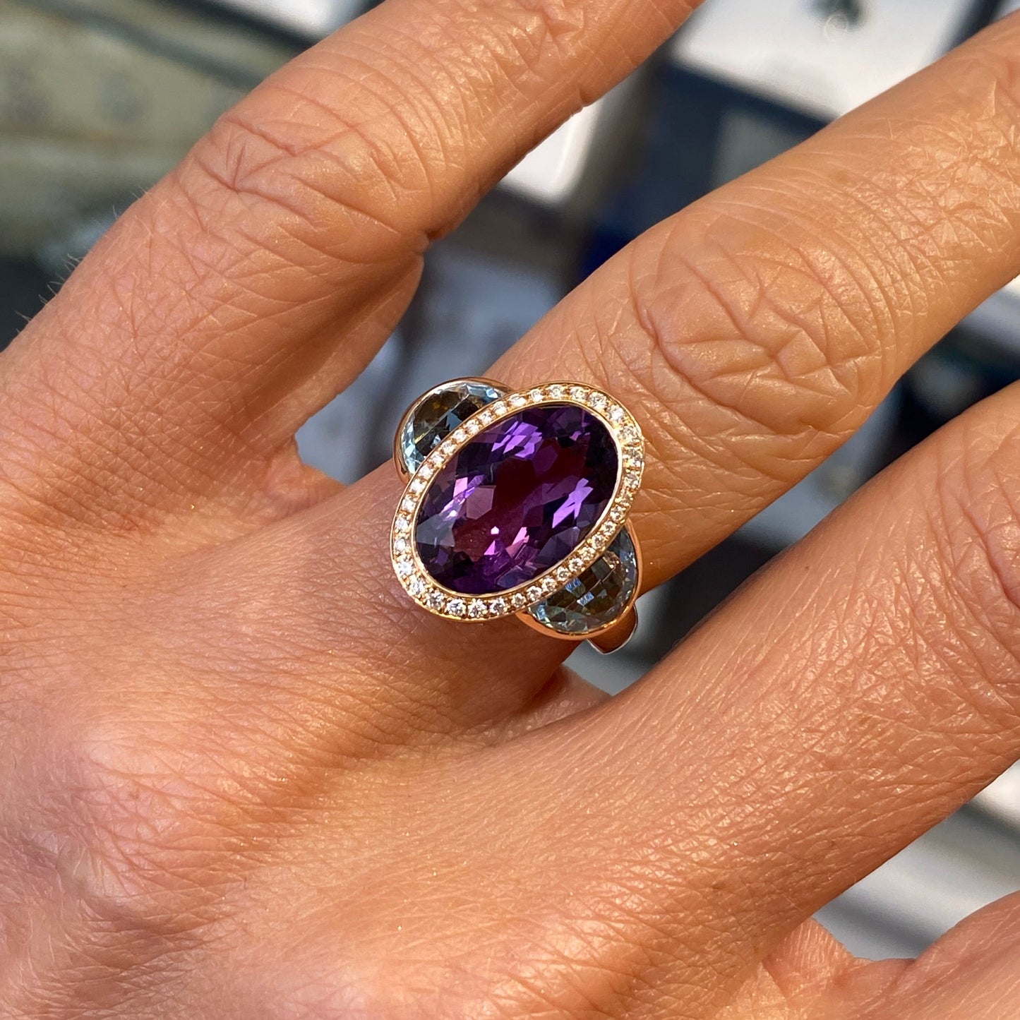 18ct Rose Gold Amethyst, Blue Topaz & Diamond Ring - John Ross Jewellers