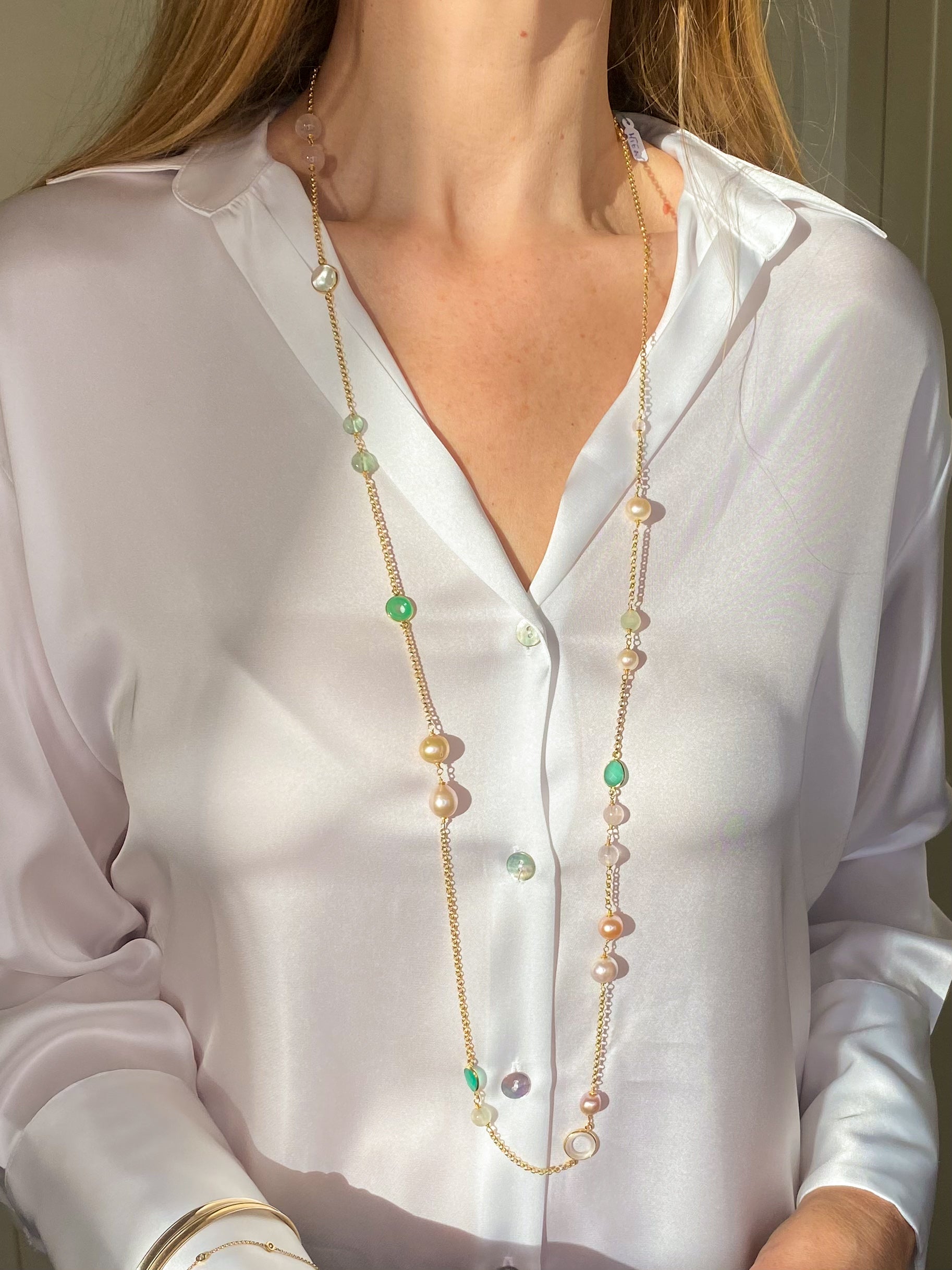 Perfect Pastels - Rose & Mint Quartz, Pearl & Jade Necklace | 110cm - John Ross Jewellers