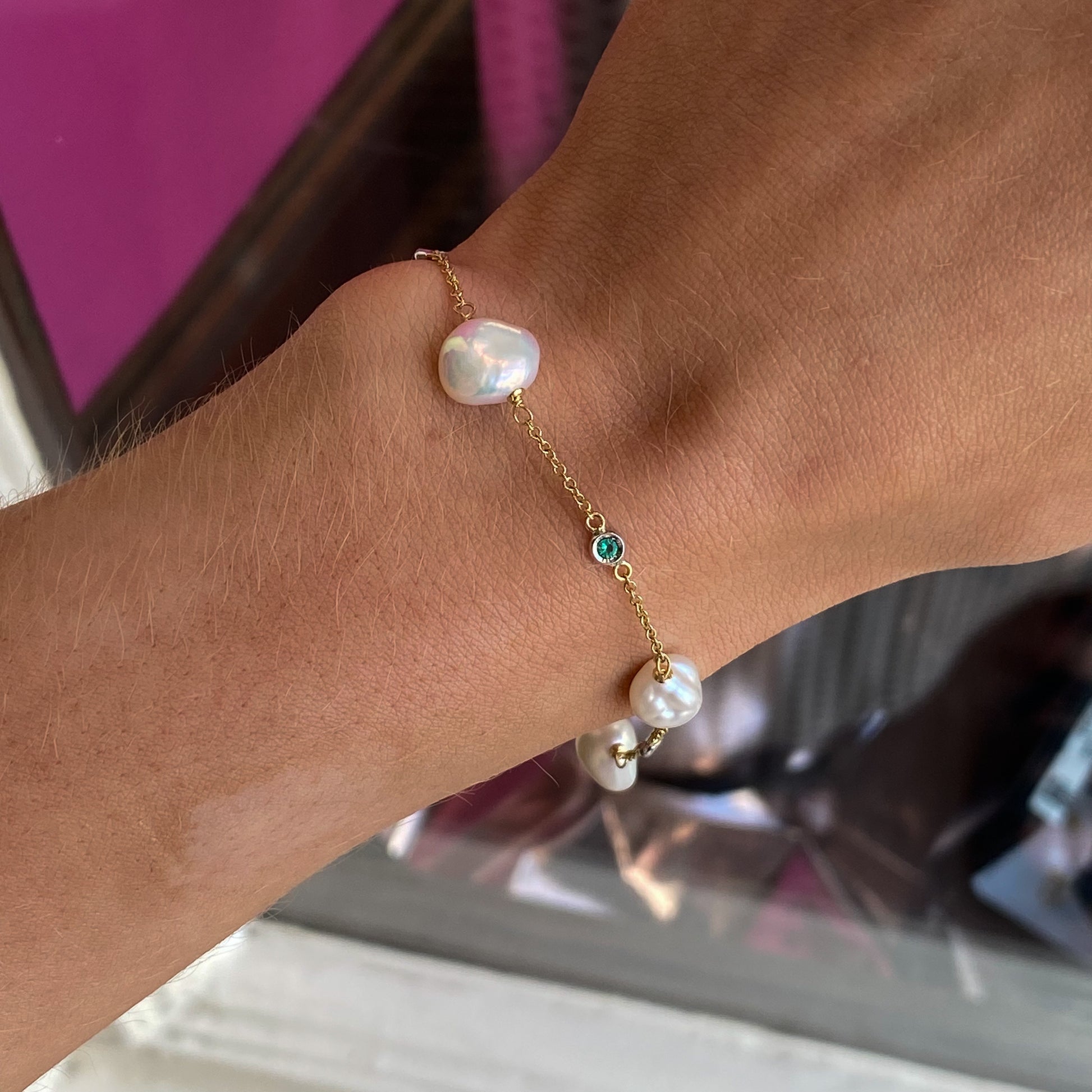 18ct Gold Meg Keshi Pearl & Emerald Bracelet - John Ross Jewellers