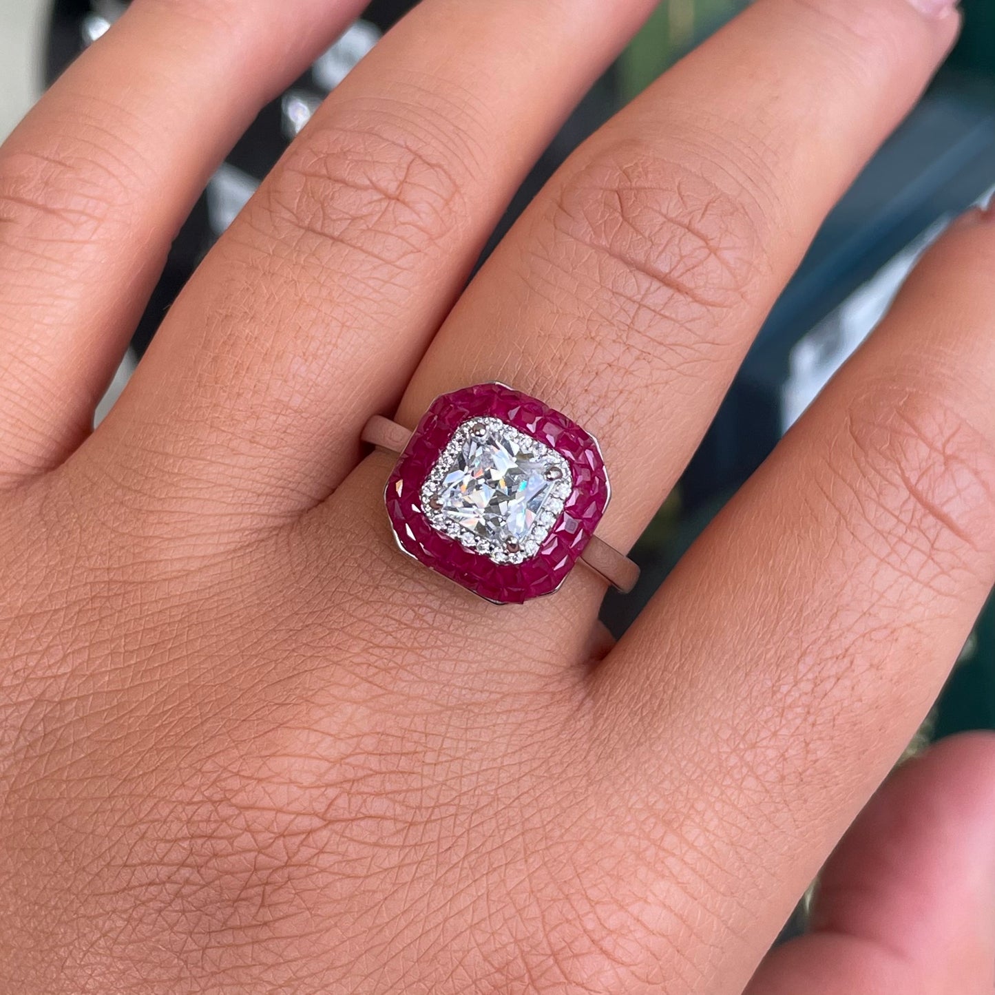 Silver CZ Cushion Ring | Ruby Red