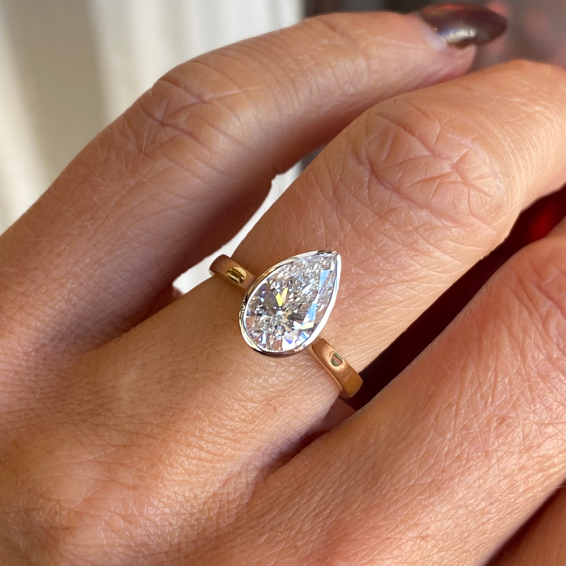 18ct Gold Bezel Set Solitaire Engagement Ring | 2.01ct Pear Lab Certificated - John Ross Jewellers