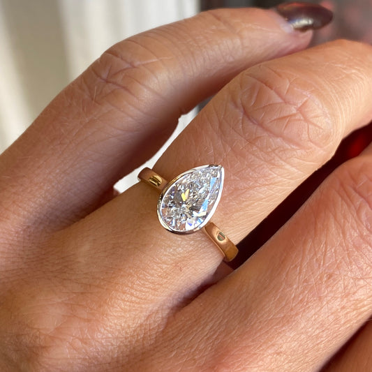 18ct Gold Bezel Set Solitaire Engagement Ring | 2.01ct Pear Lab Certificated - John Ross Jewellers