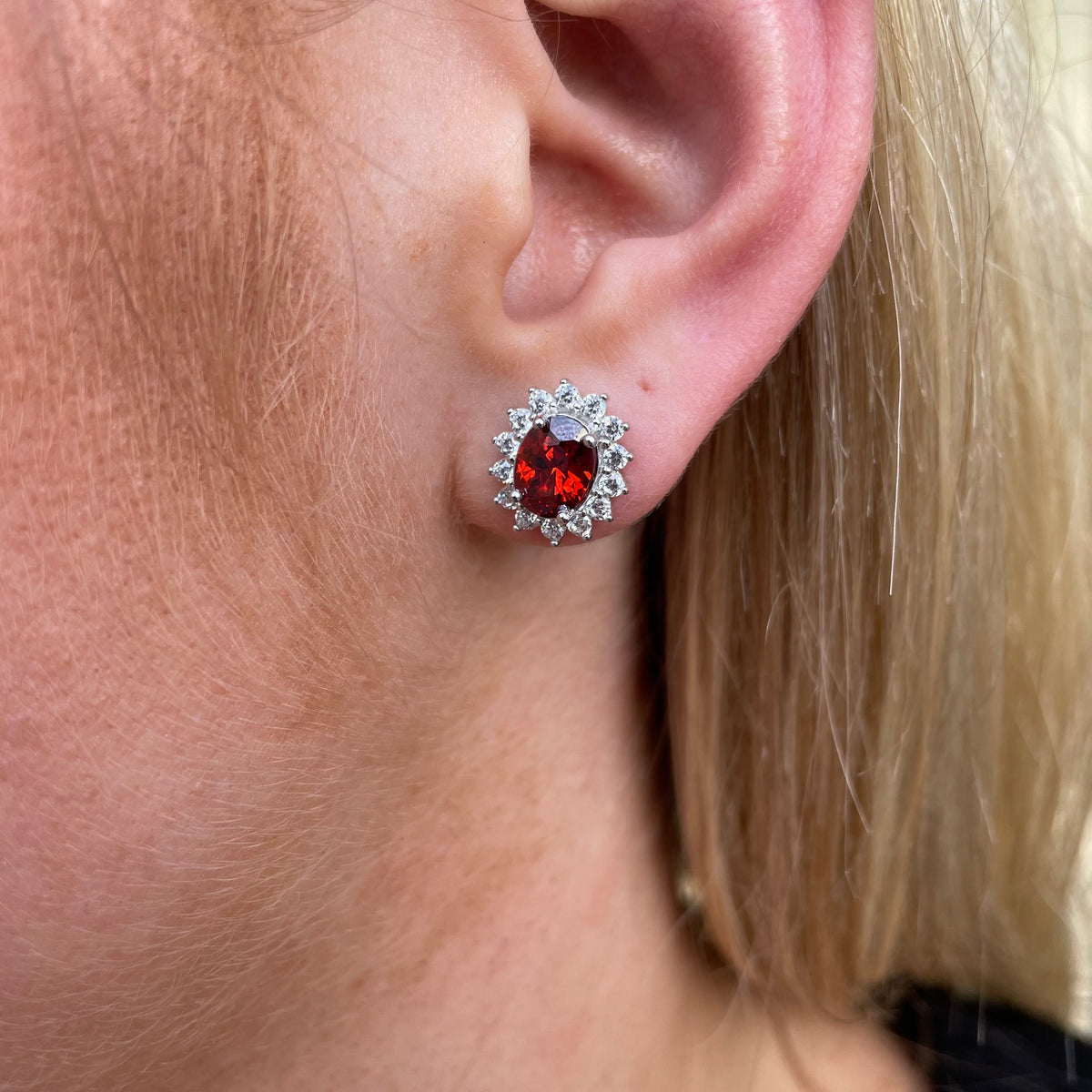 Silver Garnet Red CZ Diana Stud Earrings