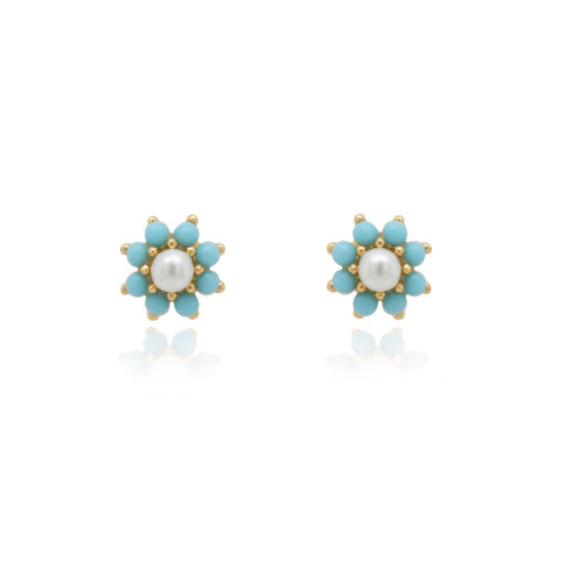 9ct Gold Freshwater Pearl & Turquoise Cluster Stud Earrings - John Ross Jewellers