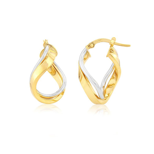 9ct gold and two-tone swirl hoop earrings by Mark Milton, featuring elegant hoop design with mixed metal finish.