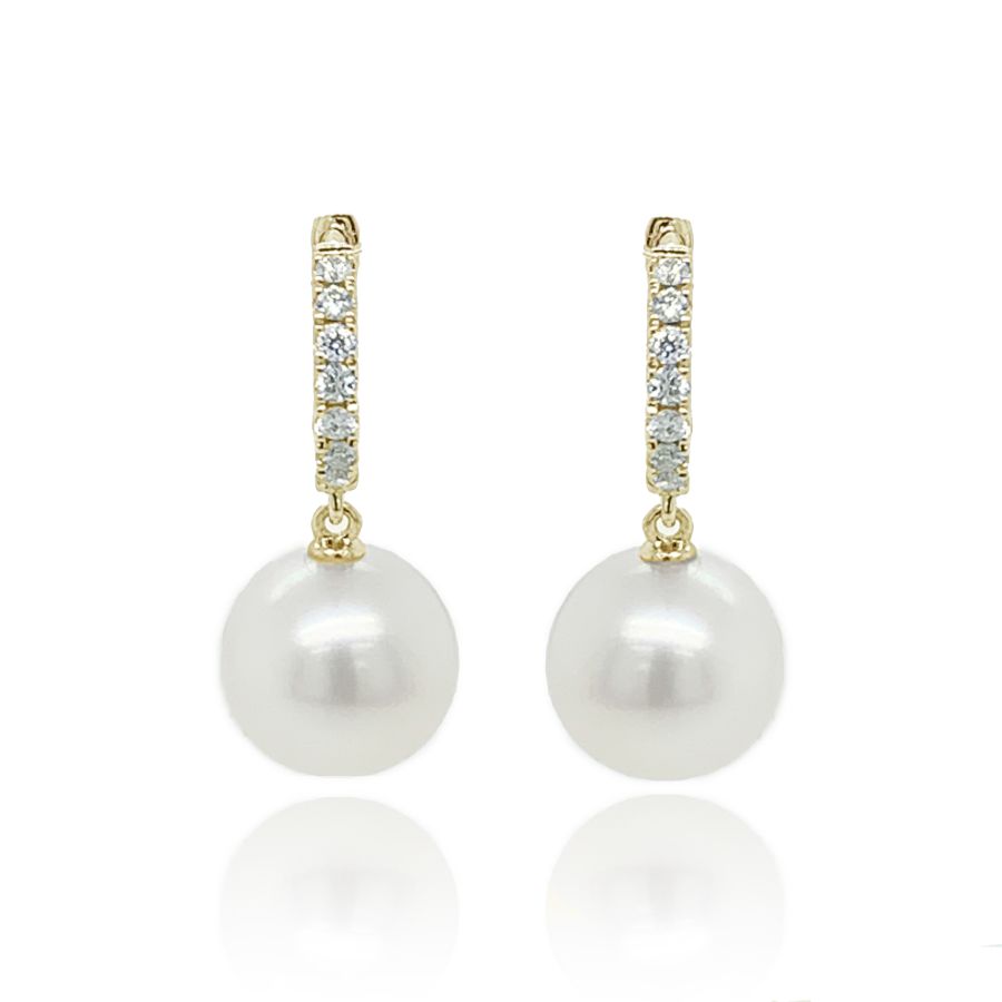 9ct Gold Cultured Freshwater Pearl Diamond Huggie Hoop Earrings
