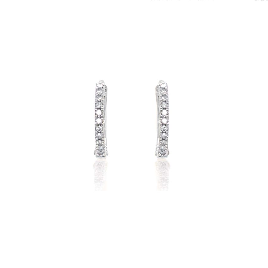 Pair of 9ct white gold diamond huggie hoop earrings with 0.06ct diamonds, showcasing their elegant design and sparkling detail.