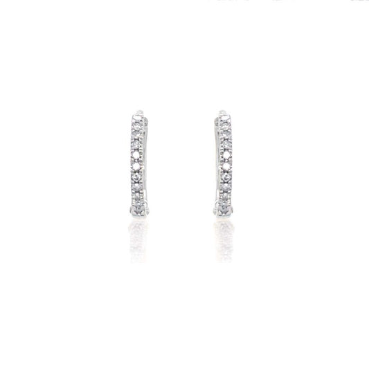 Pair of 9ct white gold diamond huggie hoop earrings with 0.06ct diamonds, showcasing their elegant design and sparkling detail.