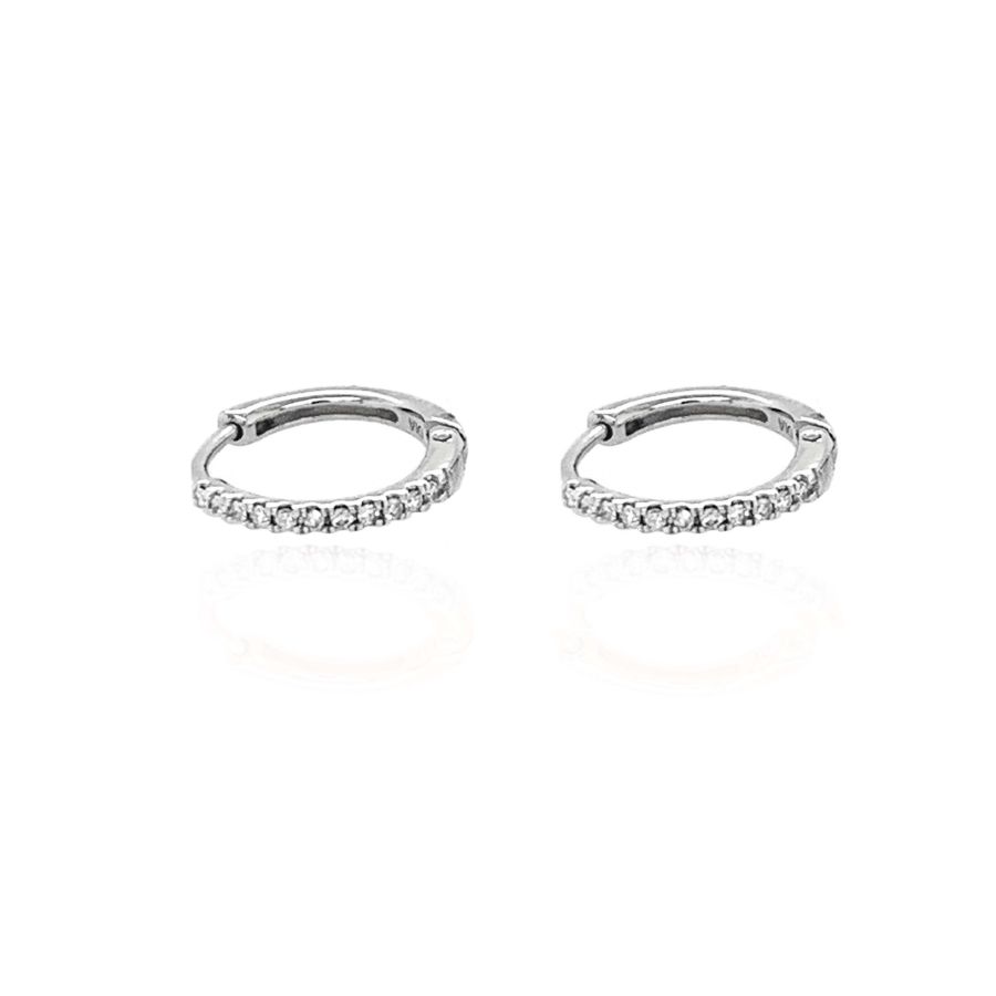 Mark Milton 9ct white gold diamond huggie hoop earrings with 0.06ct diamonds, showcasing elegant jewelry design.