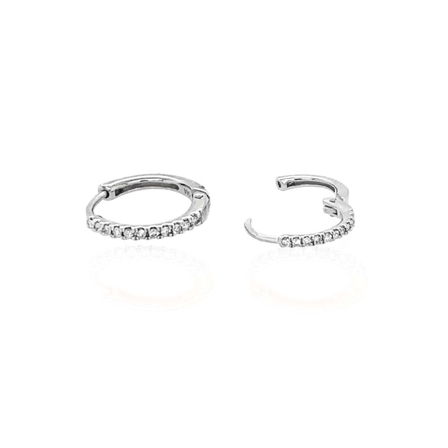 Mark Milton 9ct white gold diamond huggie hoop earrings with 0.06ct diamonds, showcasing a close-up of the elegant jewelry design.