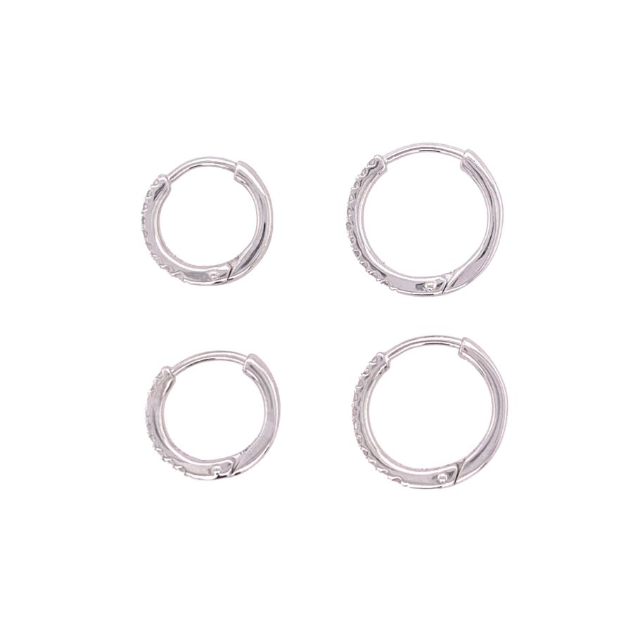 9ct white gold diamond huggie hoop earrings with 0.06ct diamonds by Mark Milton, showcasing a close-up of the sparkling jewelry.