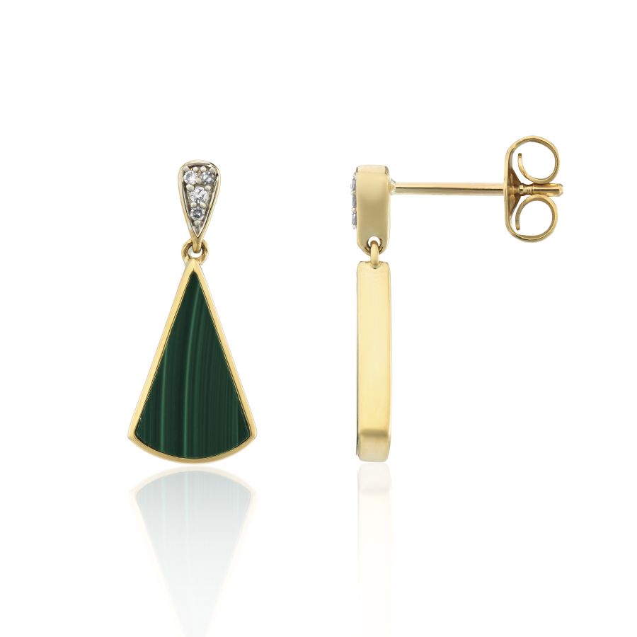 9ct Gold Malachite & Diamond Fan Drop Earrings - John Ross Jewellers
