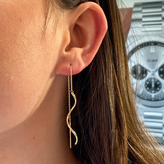 9ct Gold Long Twirl Pull Through Earrings - John Ross Jewellers