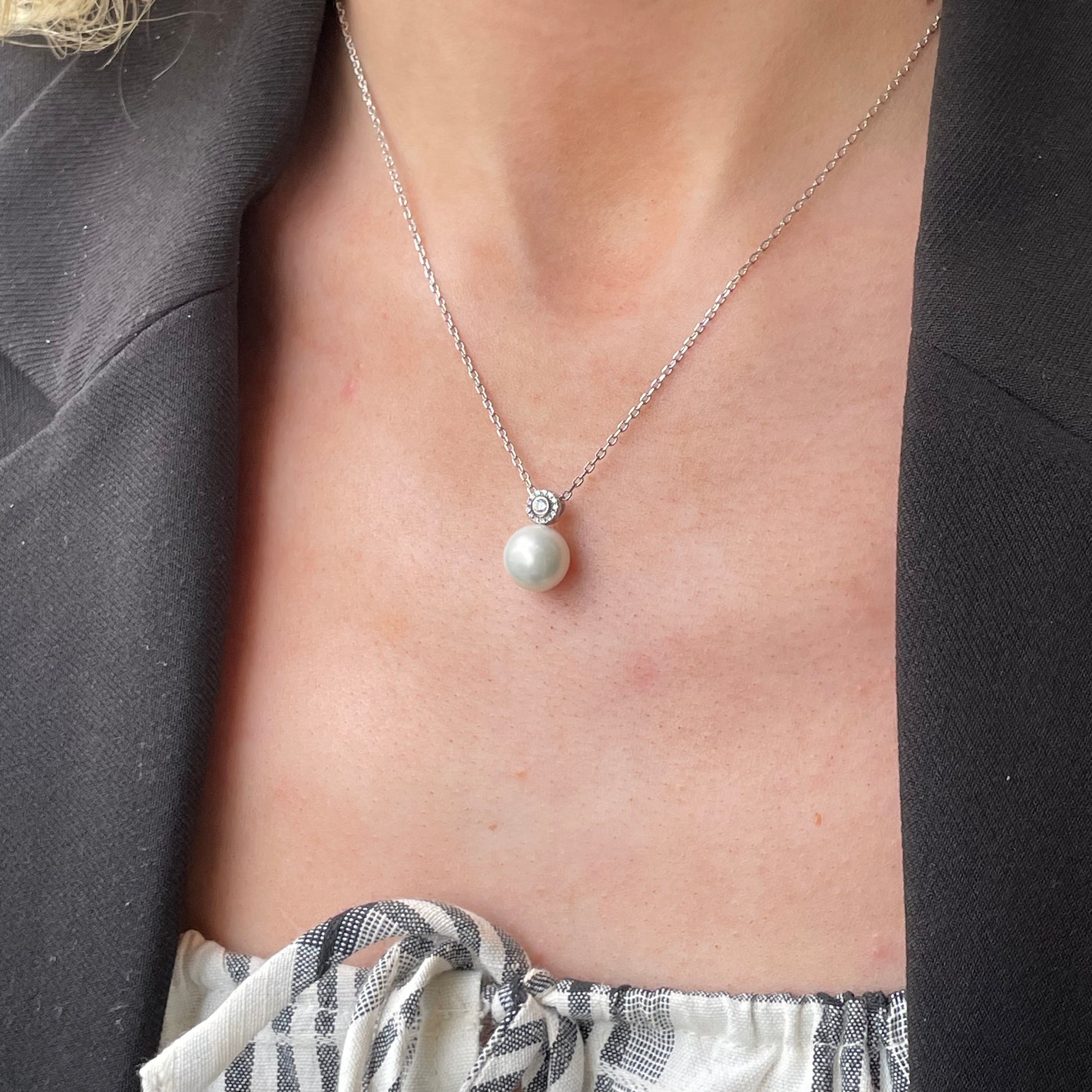 Silver 10mm Shell Pearl & CZ Necklace | 40+5cm - John Ross Jewellers