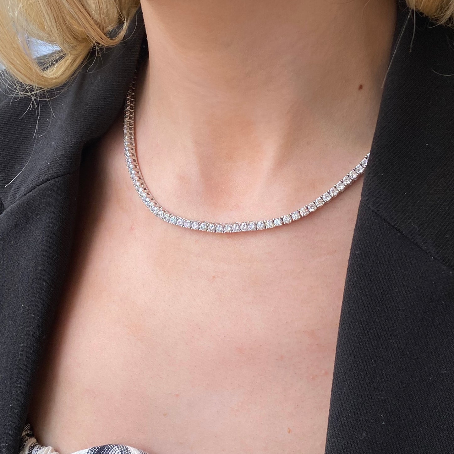 Silver 3mm CZ tennis necklace by Comero, 43+2cm length, featuring sparkling cubic zirconia stones on a sleek chain.