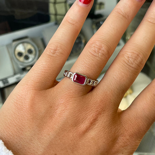 Silver Ruby Red CZ Chain Ring - John Ross Jewellers