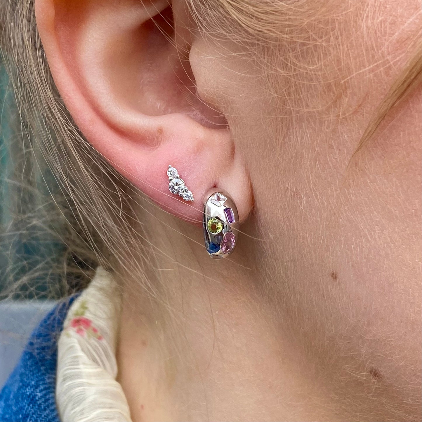 Silver Multicolour CZ Studded J Hoop Earrings