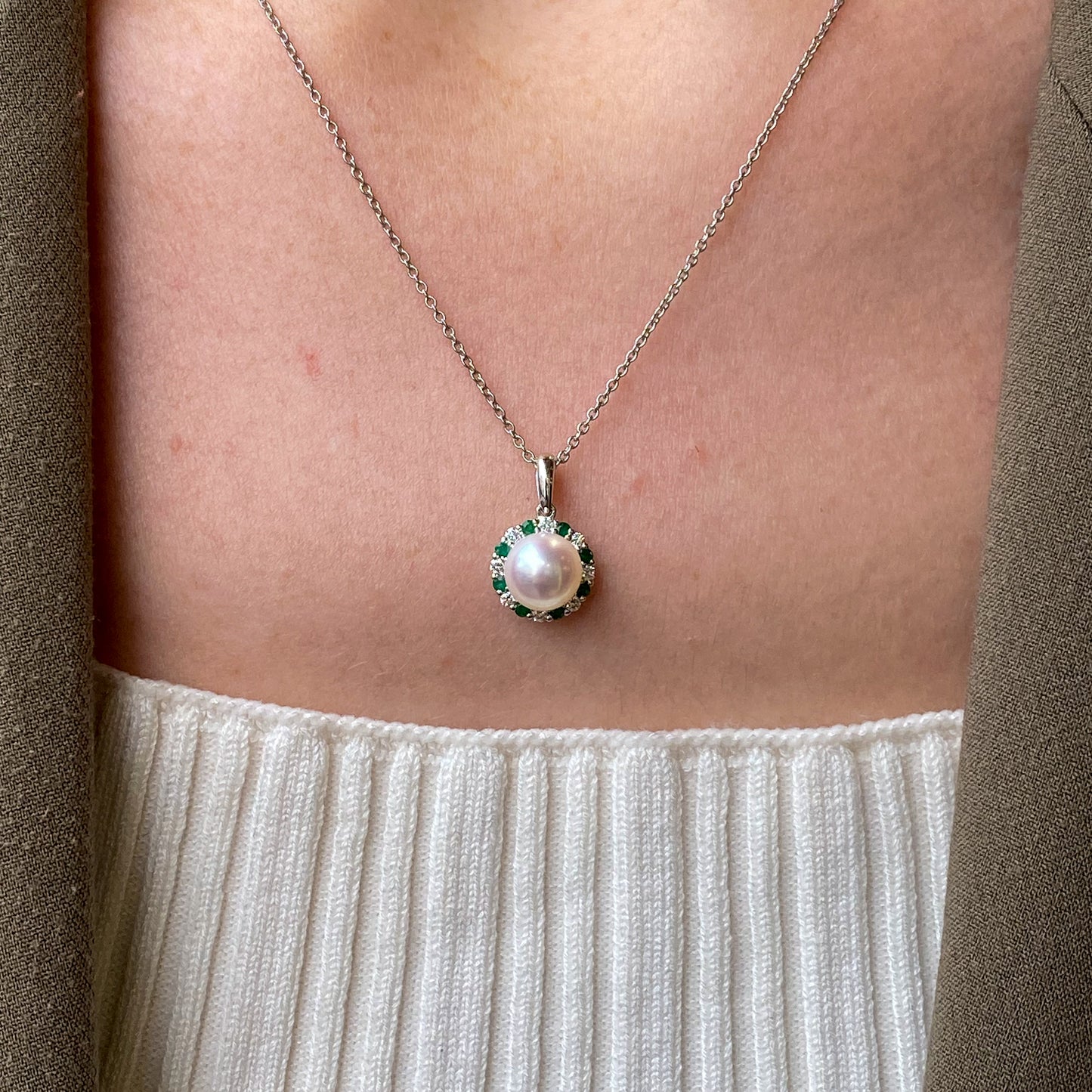 18ct White Gold Pearl, Emerald & Diamond Eternity Necklace
