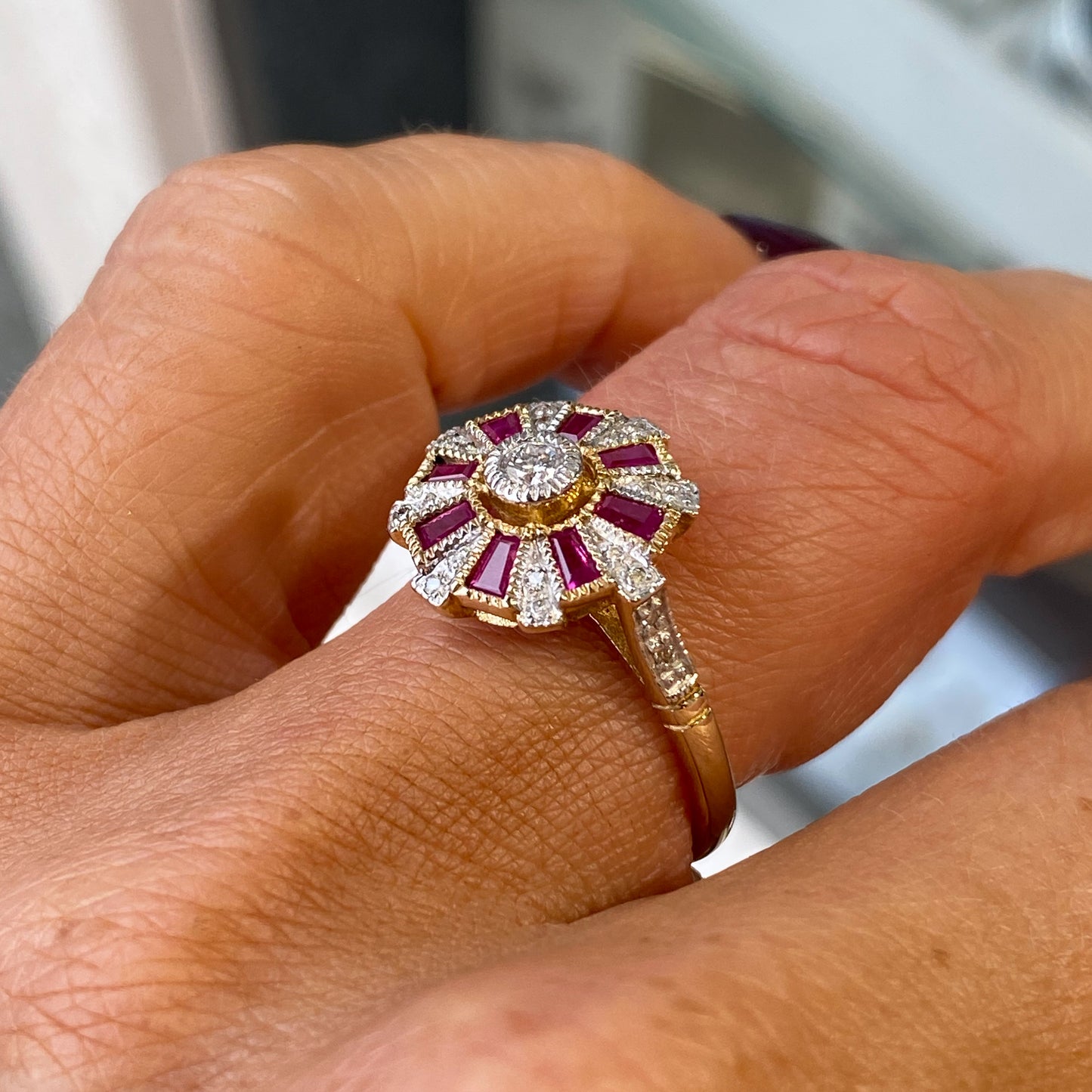 9ct Gold Ruby & Diamond Deco Ring