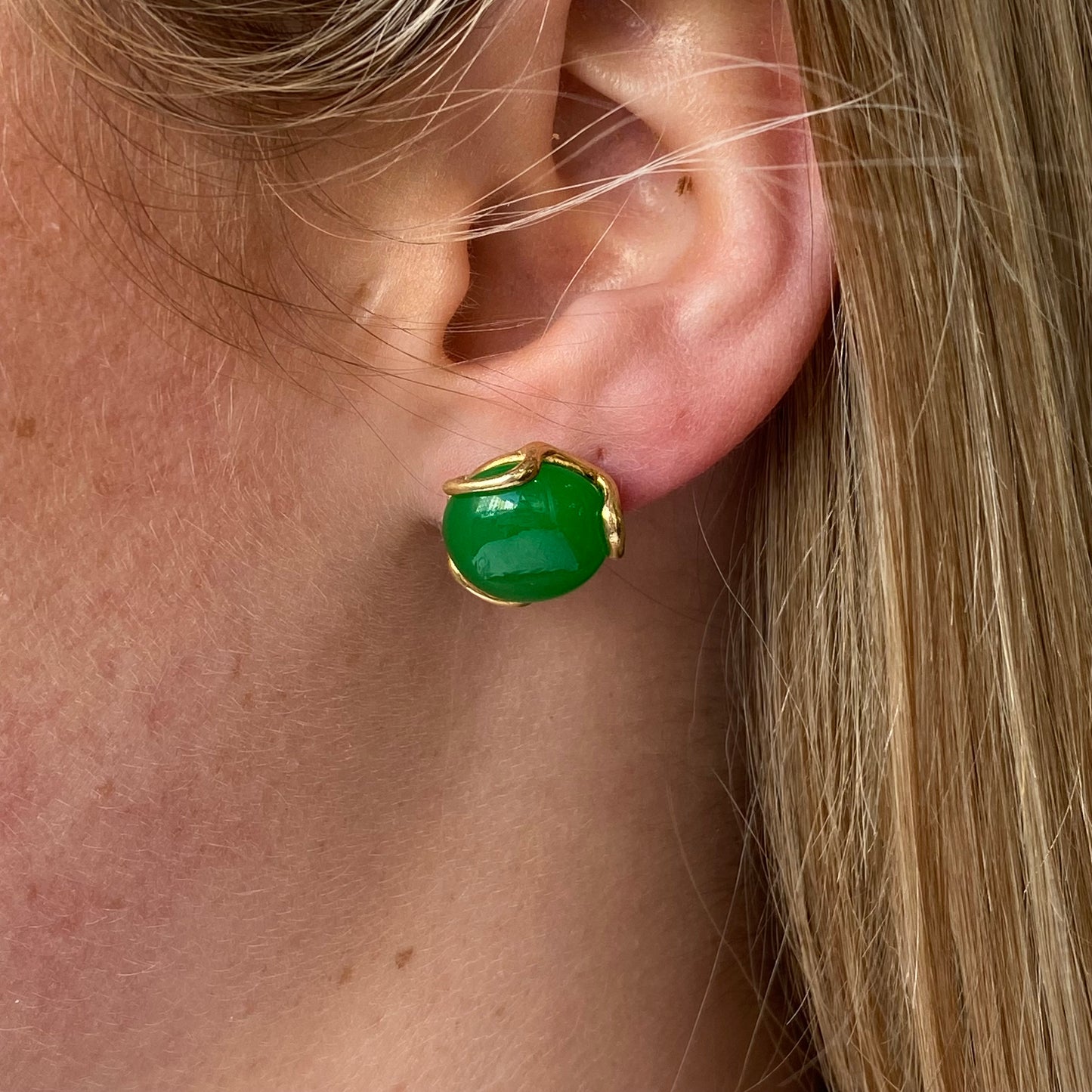 Bruno Baroque Jade stud earrings with 16mm round green jade gemstones on silver posts, elegant jewelry for everyday wear