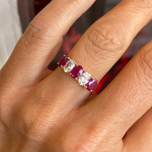 9ct Gold Oval Five Stone Eternity Ring - Ruby & CZ - John Ross Jewellers