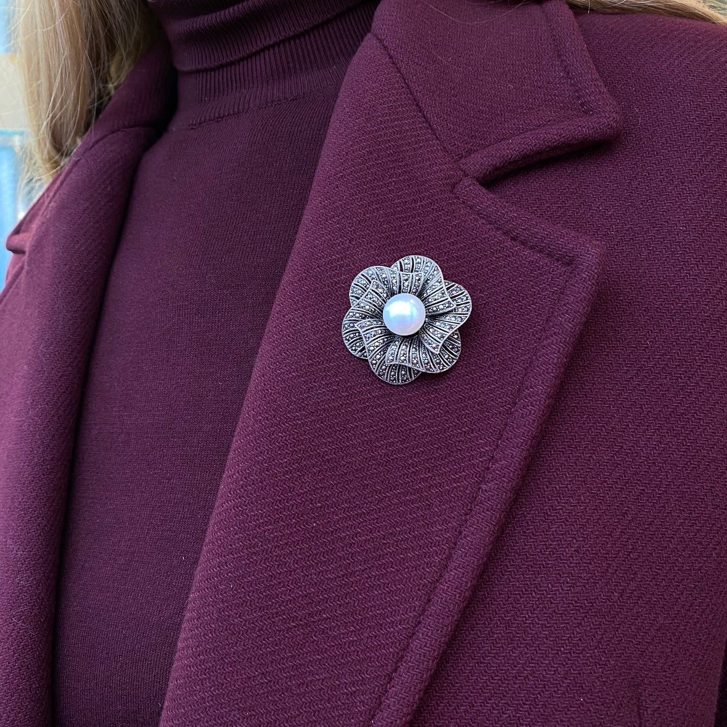 Silver Marcasite & Pearl Statement Flower Brooch