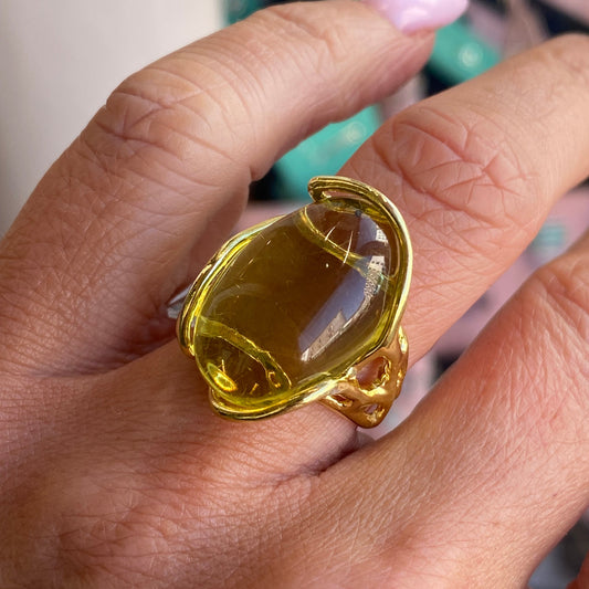 Bruno Lime Amber Nugget Ring featuring a vibrant amber gemstone set in a sleek ring design.