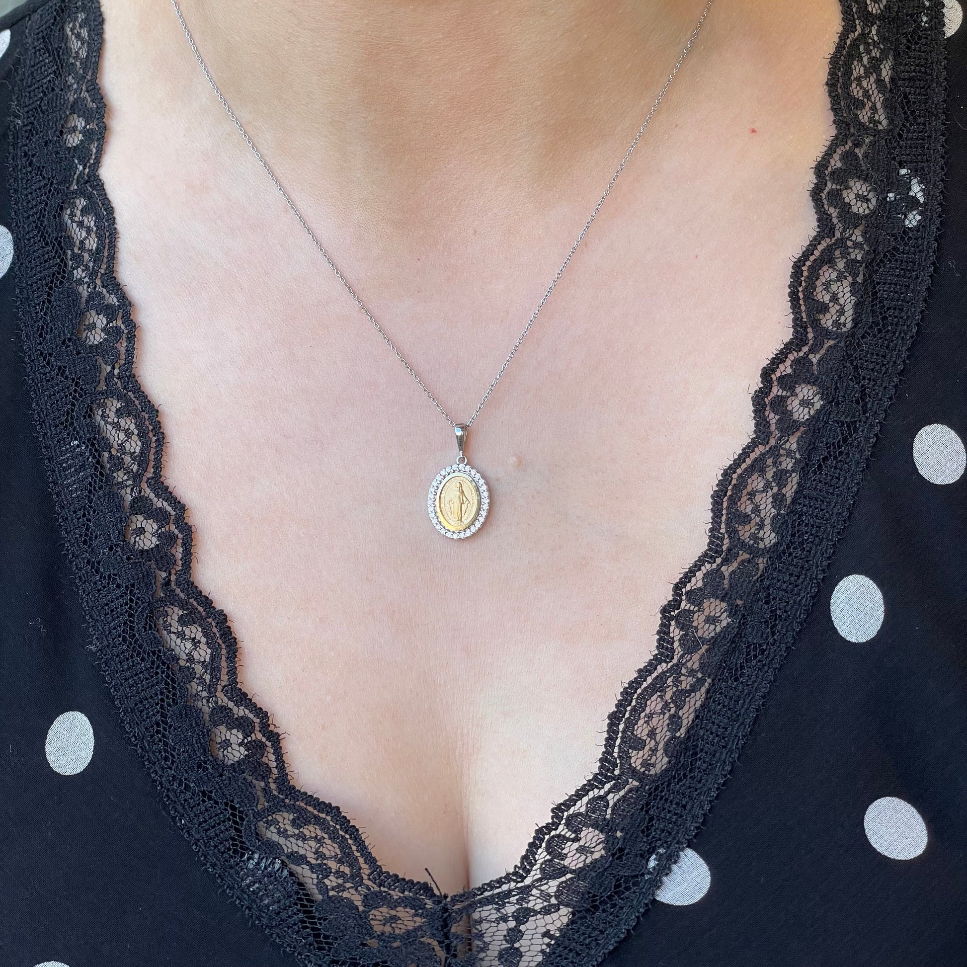 9ct White Gold Two Tone CZ Miraculous Medal Necklace | Small - John Ross Jewellers