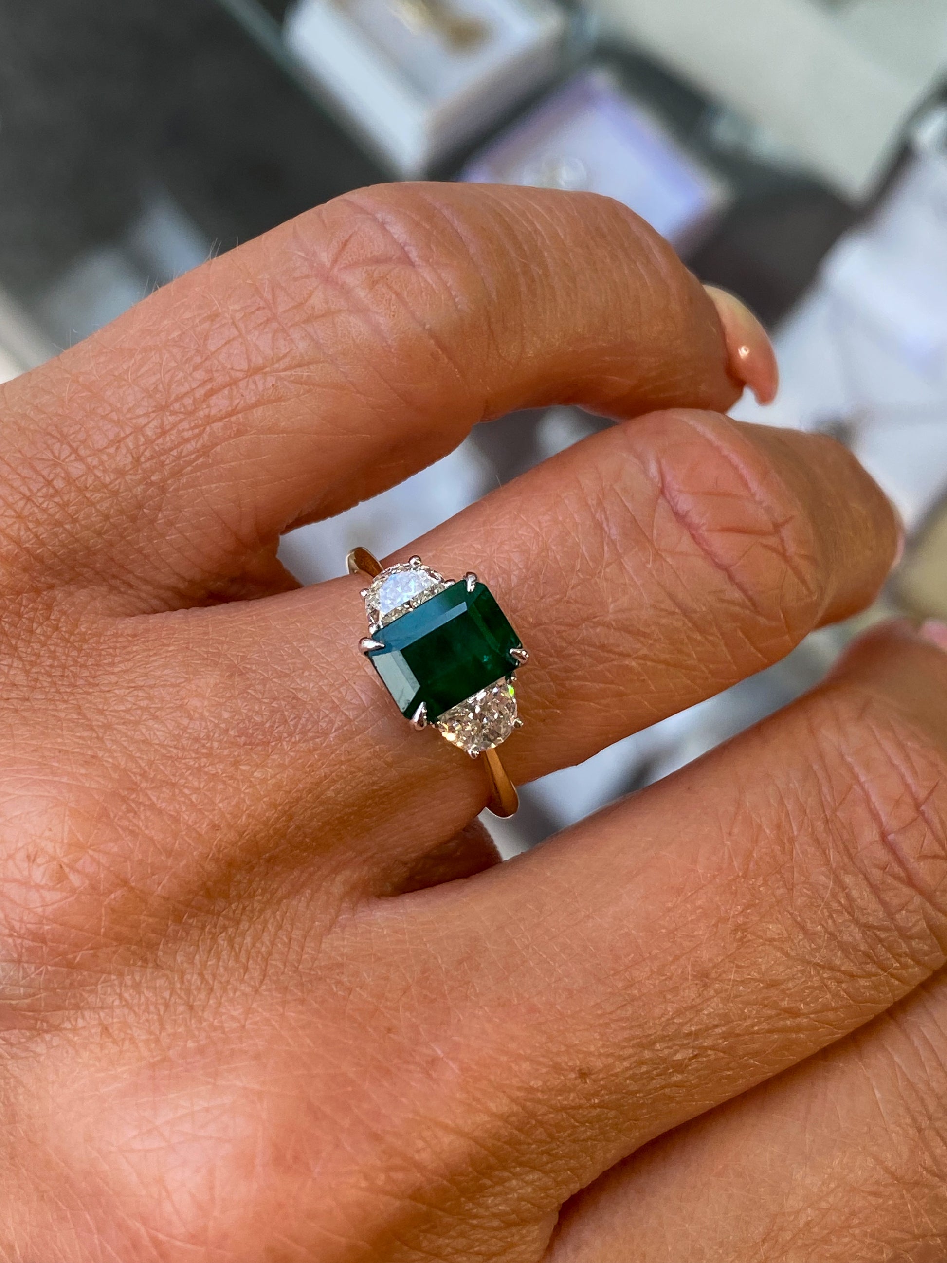 18ct Gold Emerald & Diamond Trilogy Ring - John Ross Jewellers