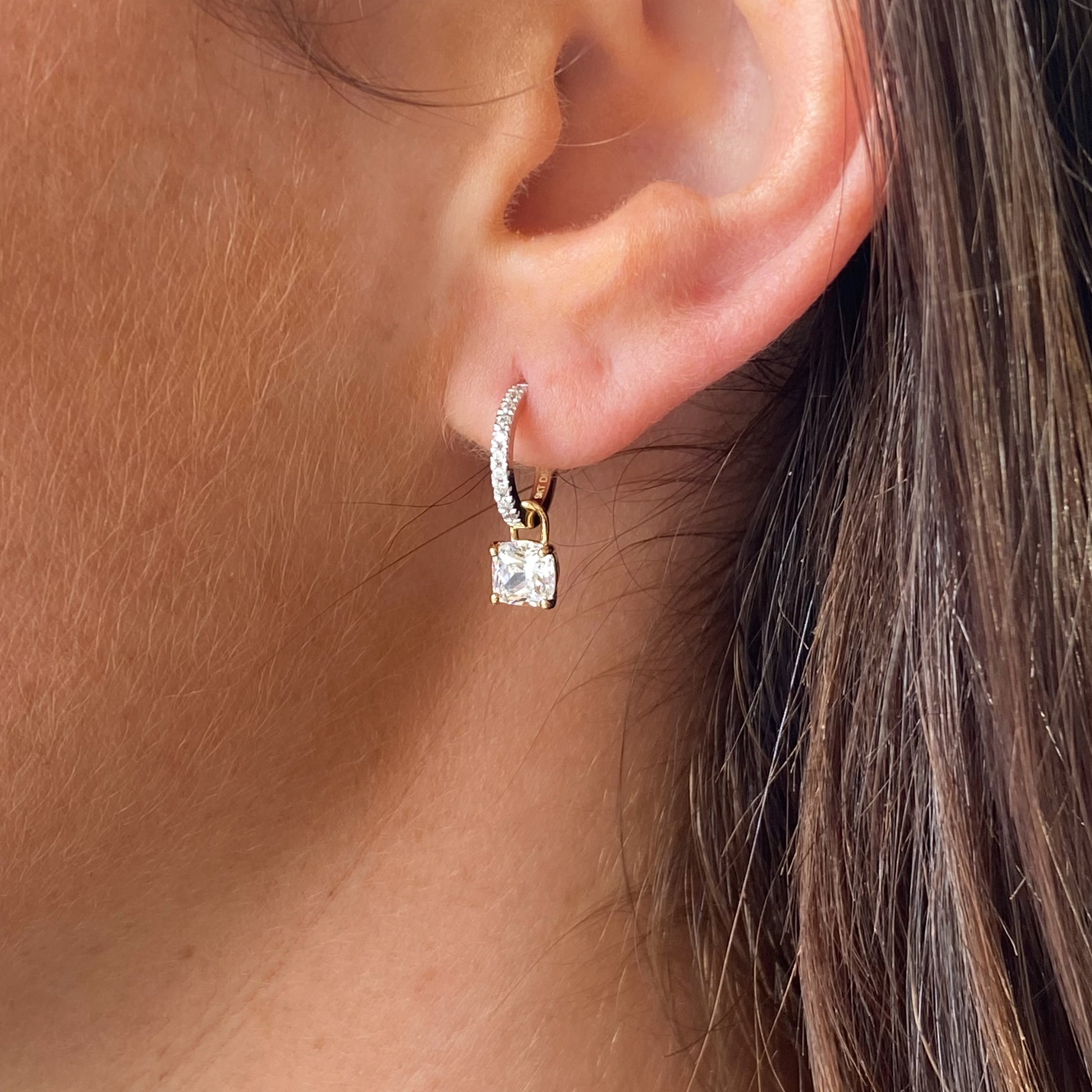 9ct Gold Charming Huggie Hoop Earrings | CZ Cushion - John Ross Jewellers