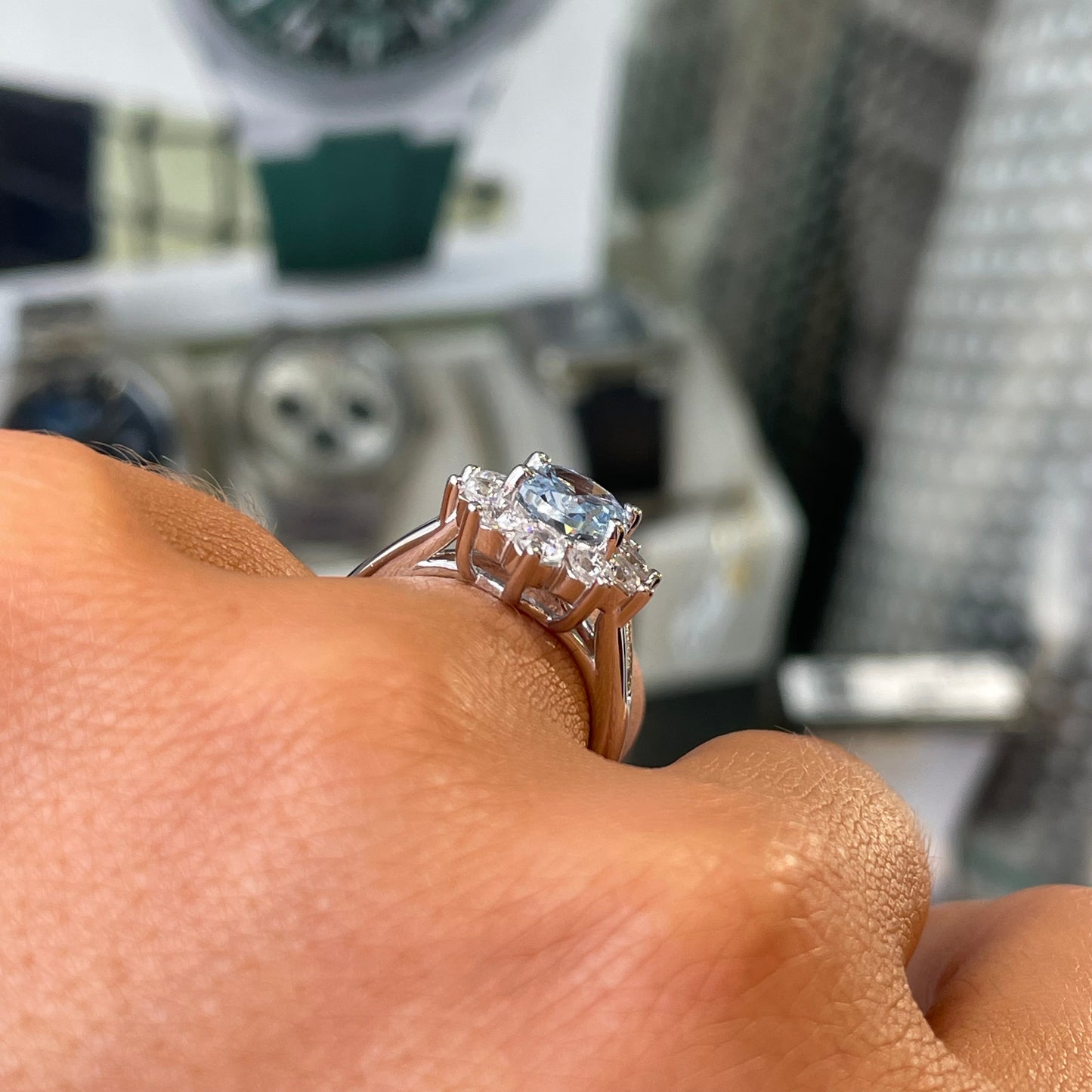 Silver Aqua Oval CZ Diana Ring - John Ross Jewellers