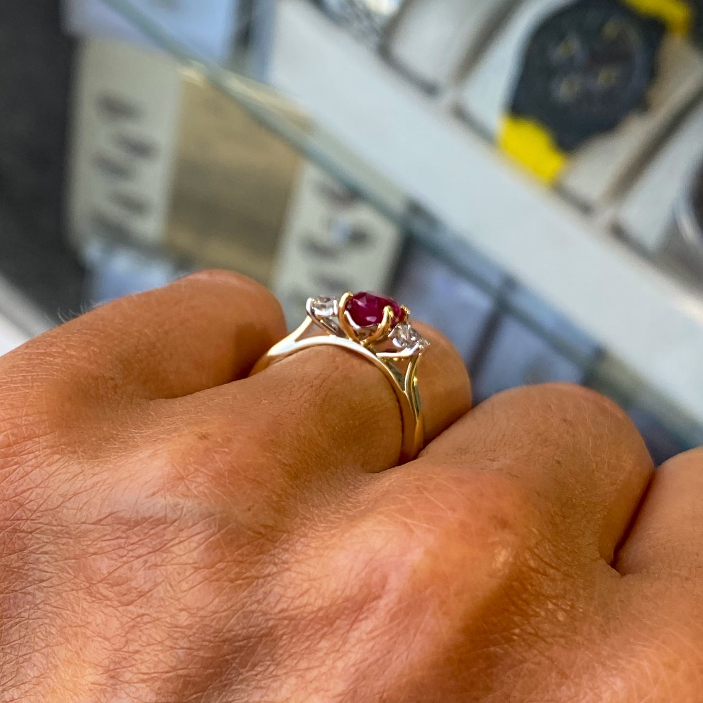 18ct Gold Ruby & Diamond Trilogy Ring