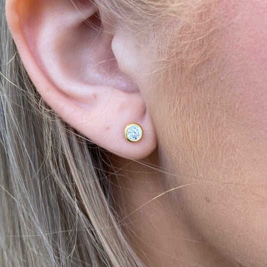 CME Sunshine CZ bezel stud earrings with 4mm sparkling yellow cubic zirconia, set in a sleek metal bezel for a modern look.