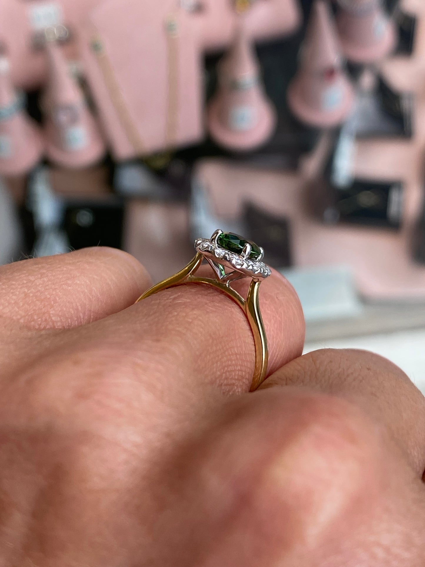 18ct gold ring featuring chrome tourmaline and diamond accents by FEU, showcasing a detailed close-up of the elegant jewelry design.
