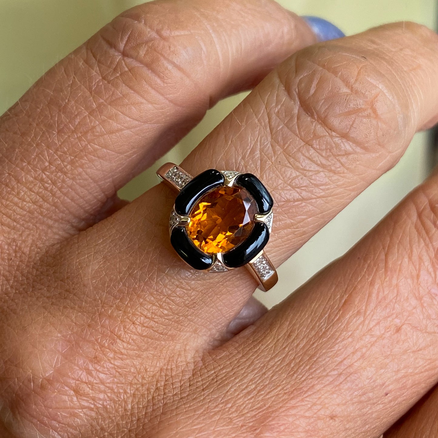 9ct Yellow Gold Citrine, Onyx & Diamond Ring