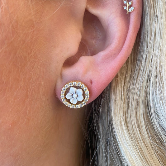 Floral Cameo & CZ Stud Earrings | 12mm