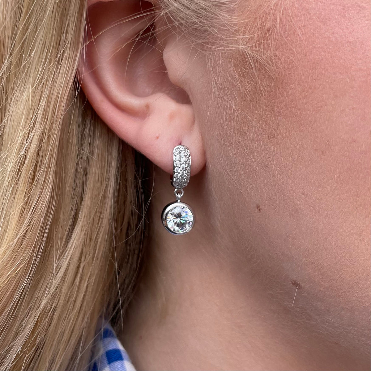 Silver CZ Dropper Huggie Hoop Earrings