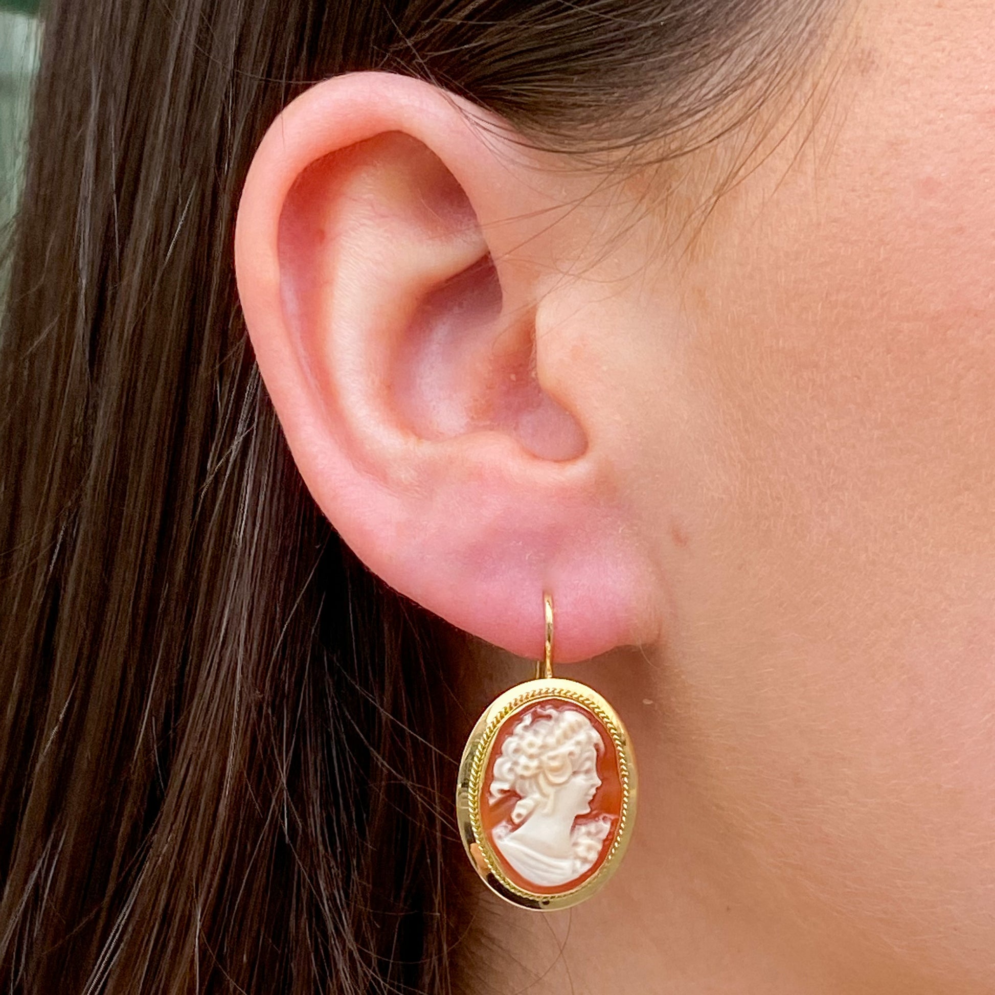 18ct Gold Shell Cameo Drop Earrings | German Wires - John Ross Jewellers