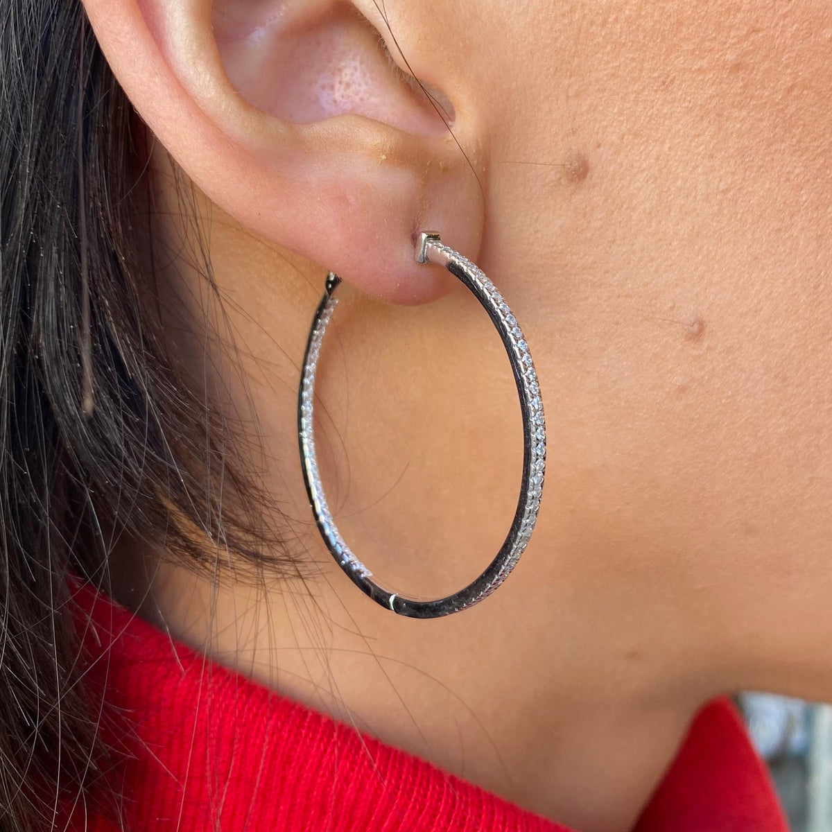Silver Skinny Inside Outside CZ Hoop Earrings