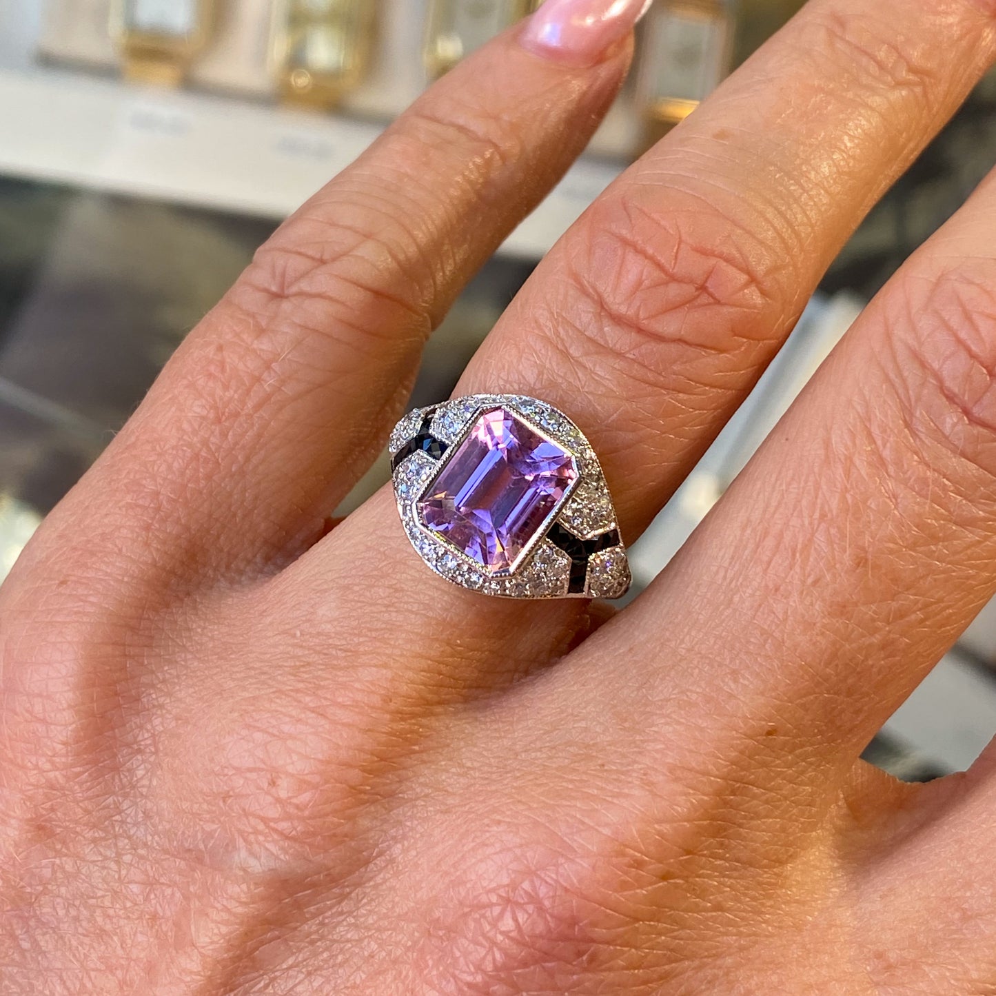 18ct White Gold Kunzite, Onyx & Diamond Ring - John Ross Jewellers