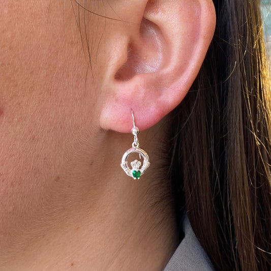 Silver Claddagh Drop Earrings | Emerald Green CZ - John Ross Jewellers