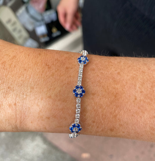 Silver Created Sapphire & CZ Tennis Bracelet