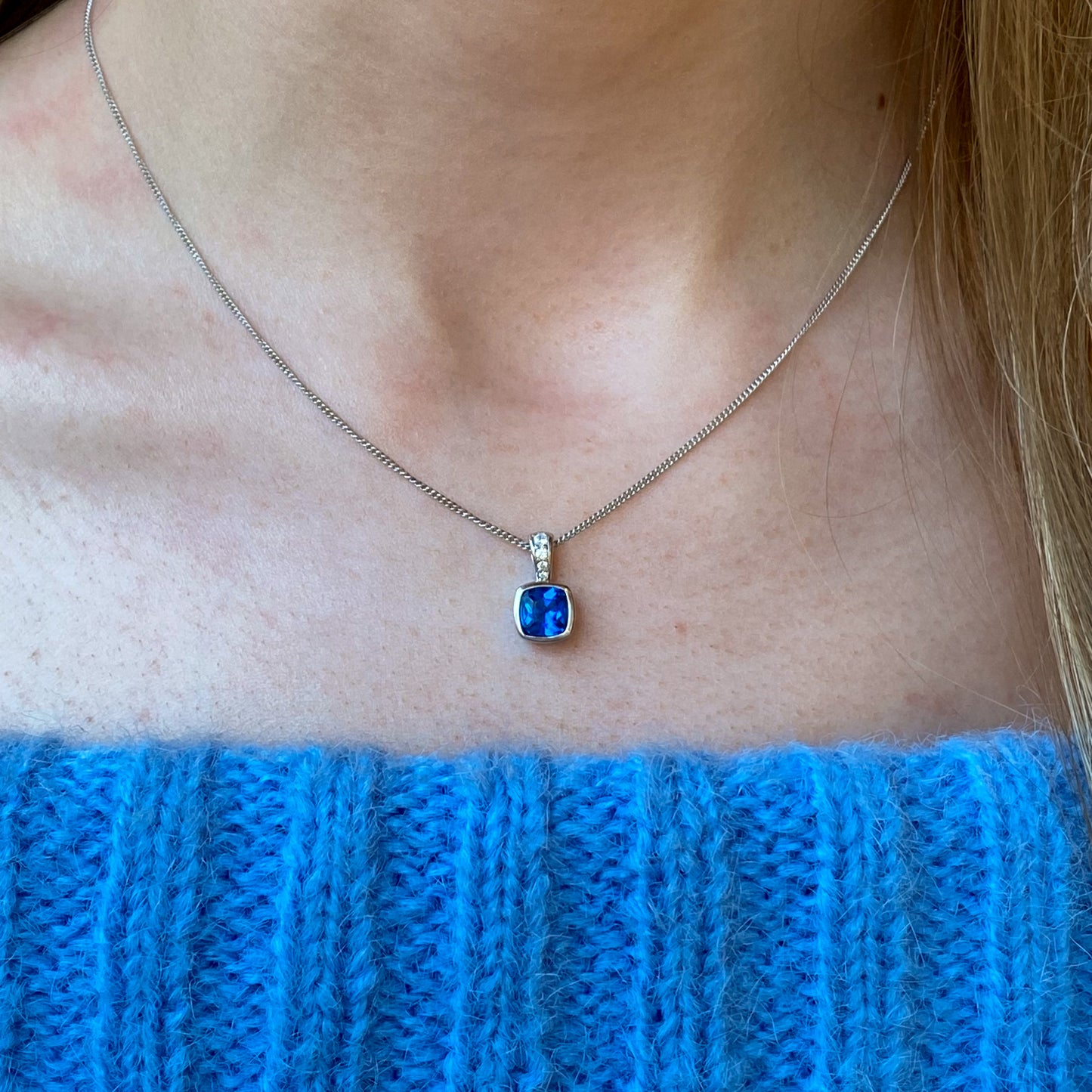 Silver Cushion CZ Necklace | Sapphire Blue - John Ross Jewellers