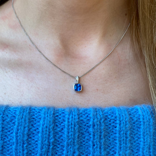 Silver Cushion CZ Necklace | Sapphire Blue - John Ross Jewellers