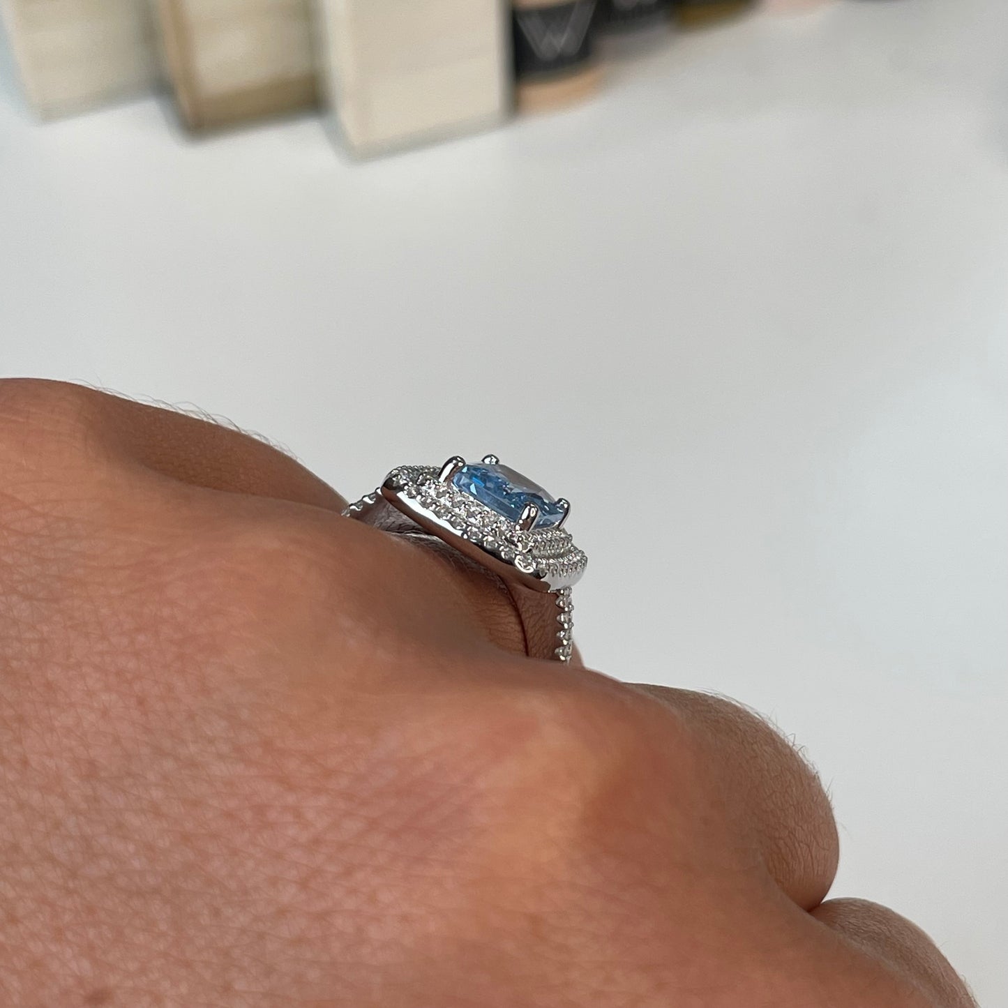 Silver Aqua Double Halo Statement Ring - John Ross Jewellers