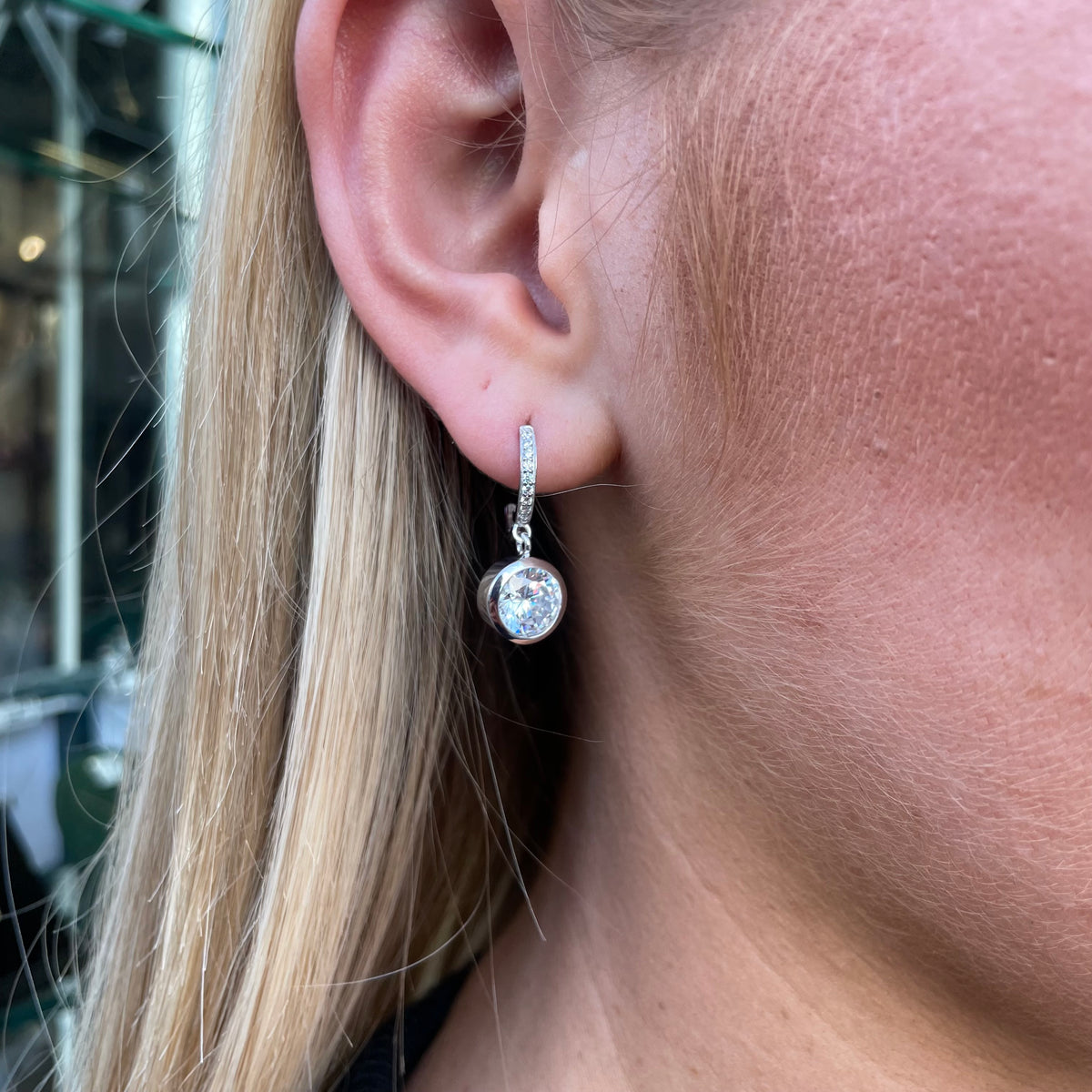 Silver CZ Dropper Skinny Huggie Hoop Earrings